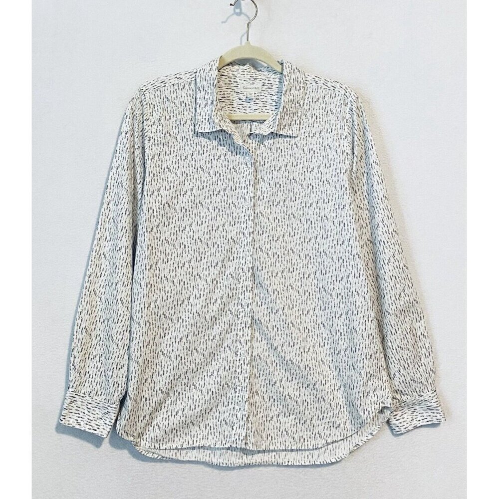Garnet Hill Top Womens 10 Gray White Organic Pima Cotton Long Sleeve Button Up